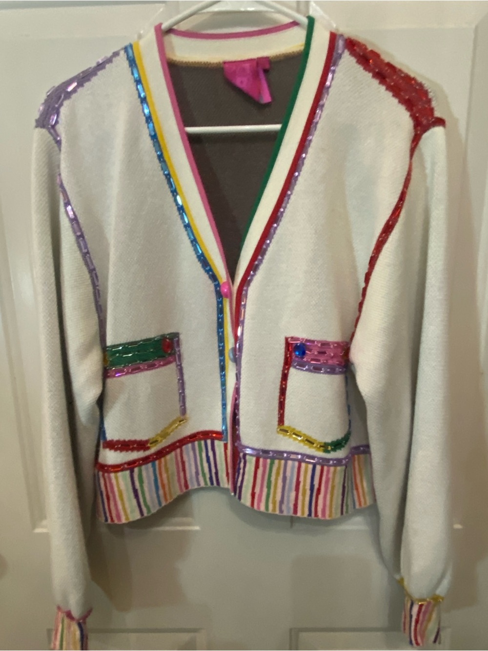 QUEEN OF SPARKLES White Cardigan with Rainbow Sequin Trim NWOT